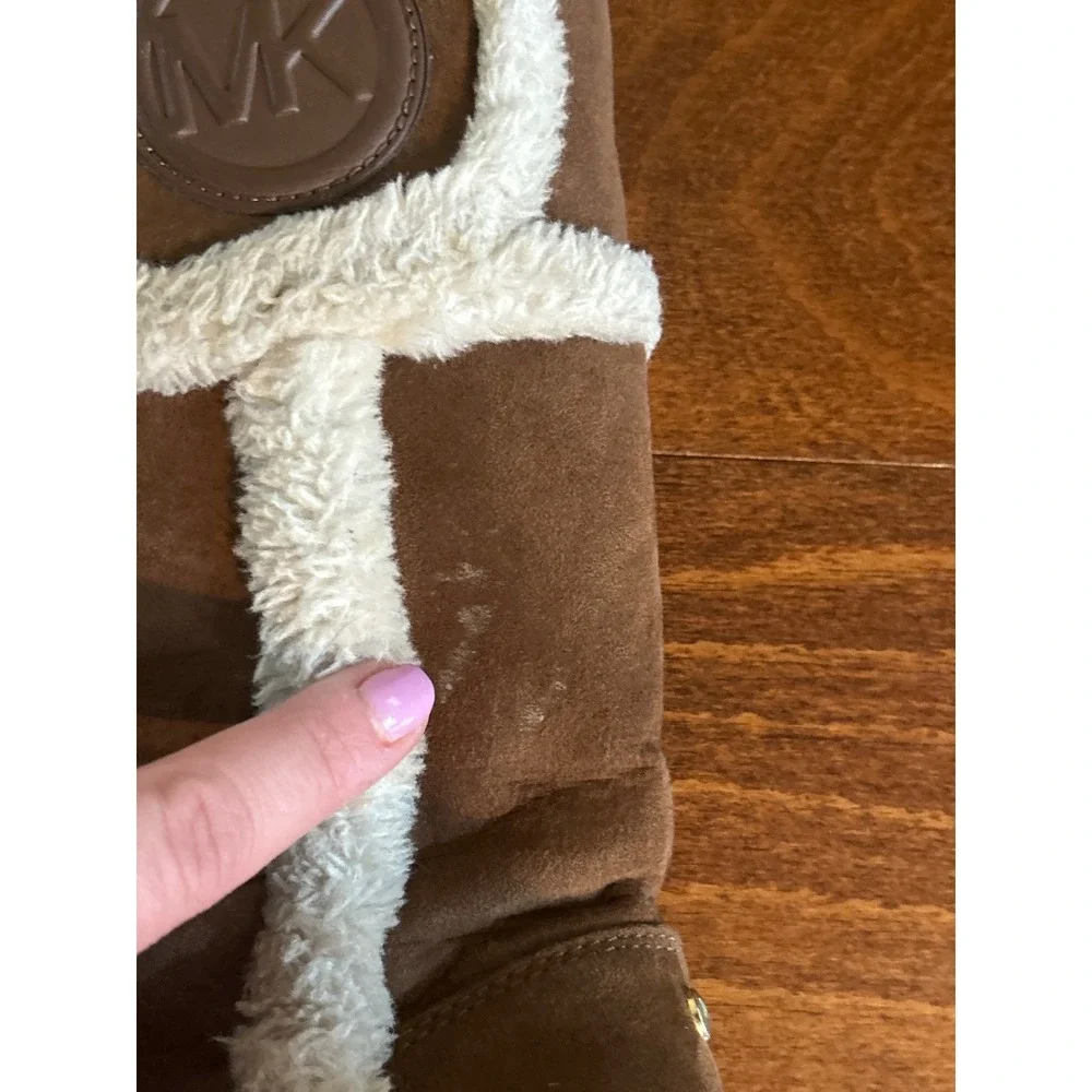 Michael Kors Girls Brown Faux Fur Trim Winter Boots Size 1 MK Logo Side Zip